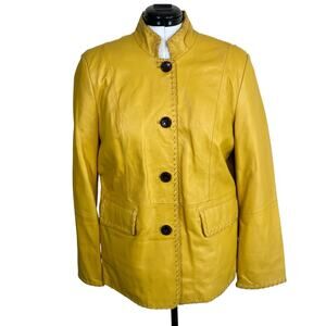 Terry Lewis Vintage Yellow Leather Jacket Whipstitch Detail Retro Button-front